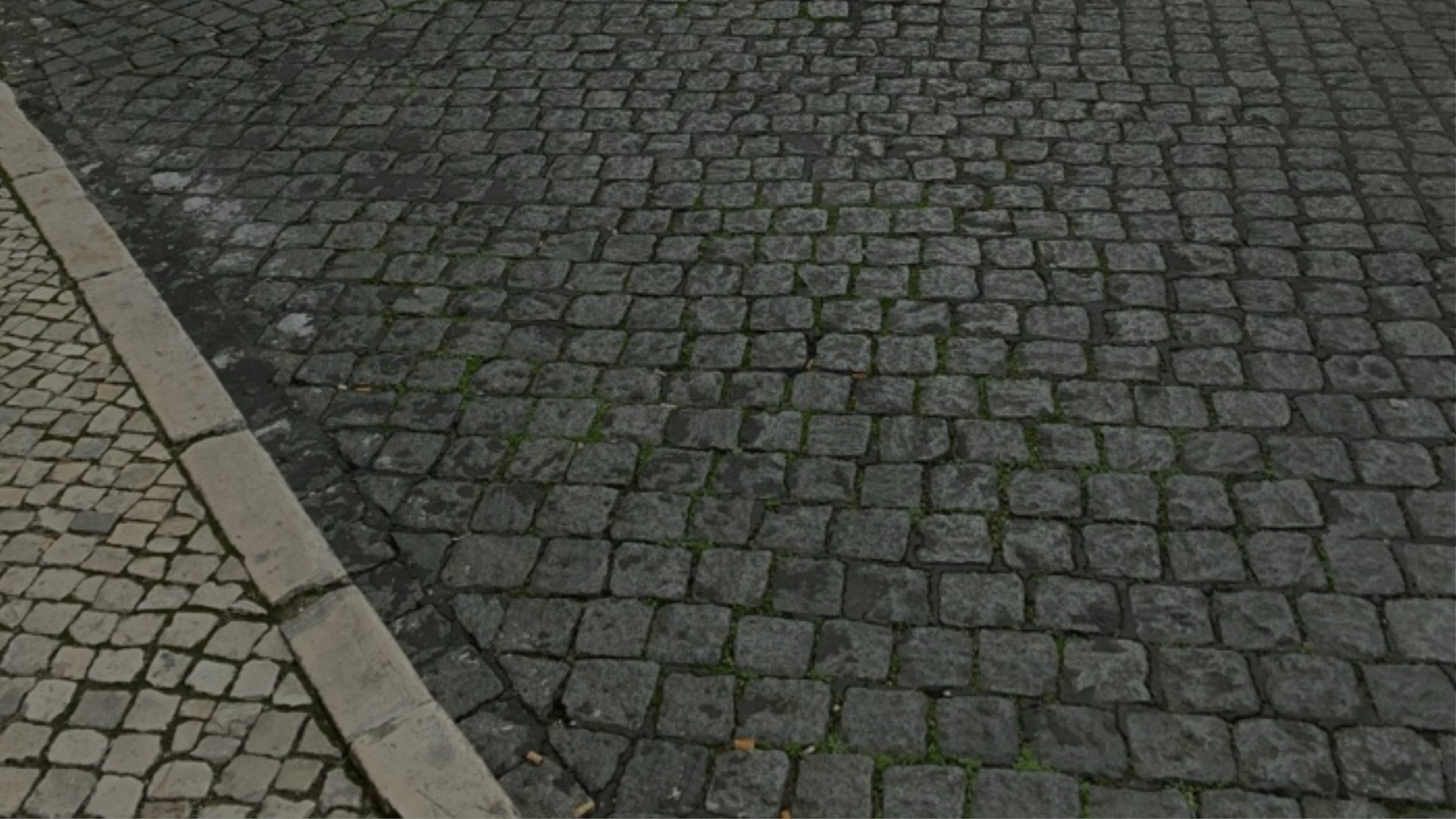 A cobblestone street meets a curb, seen close to the ground.
